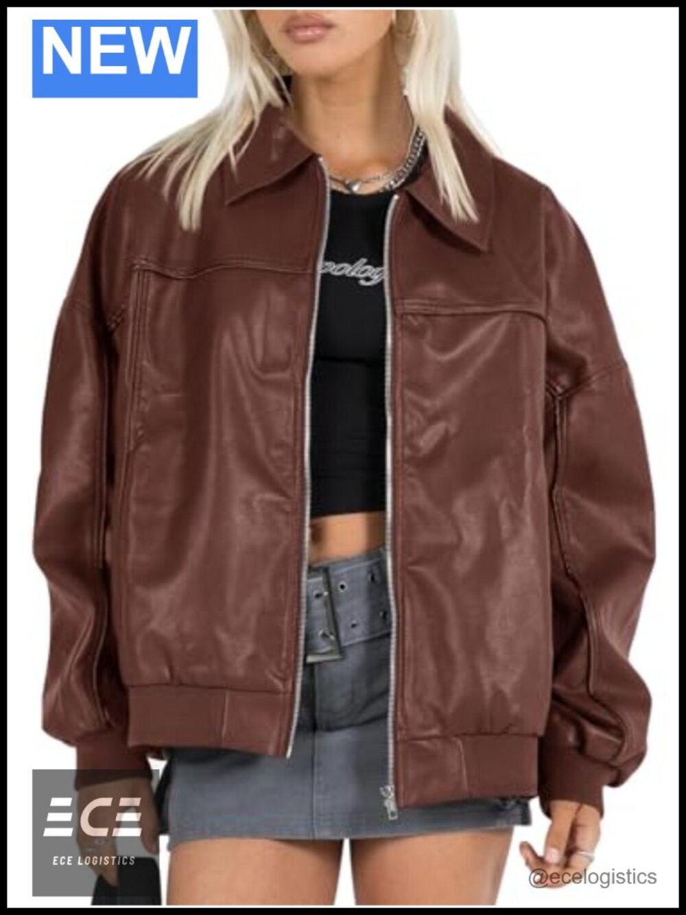 Faux Leather Jacket Oversized Bomber Zip Moto Biker Coat